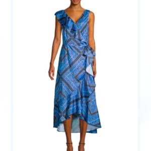 NWT Ava & Aiden Wrap Dress Navy Blue Flutter Sleeves High Low Ruffled Hem med